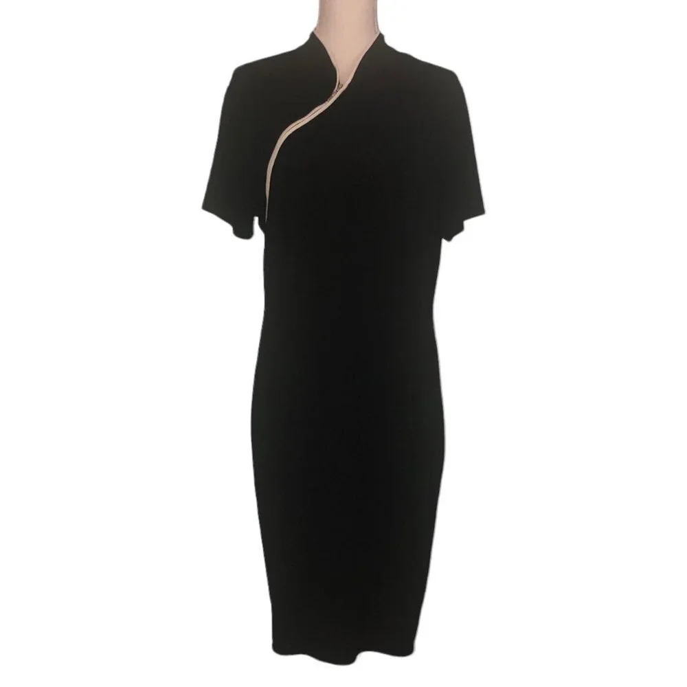 Homeyee Sz 14/3XL Women's Black & Cream Trim Mandarin Collar Short Sleeve Dress